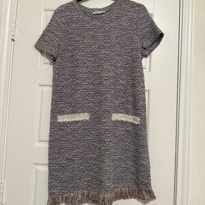 Zara Trafaluc Short Sleeve Tweed Dress Fringe Hem Size L